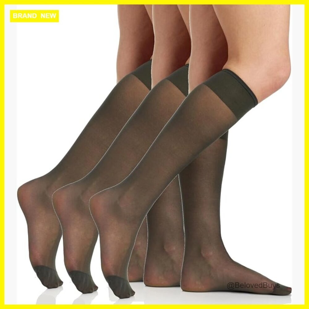Sheer Knee Highs 3 Pack Reinforced Toe Lightweight Nylon Stay-Up Band